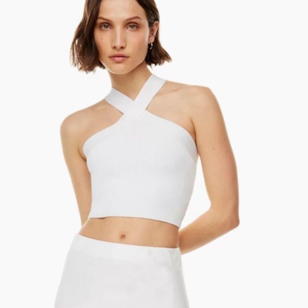 Babaton White Sculpt Knit Criss Cross Cropped Tank (Rib-knit Cross-Front Halter)